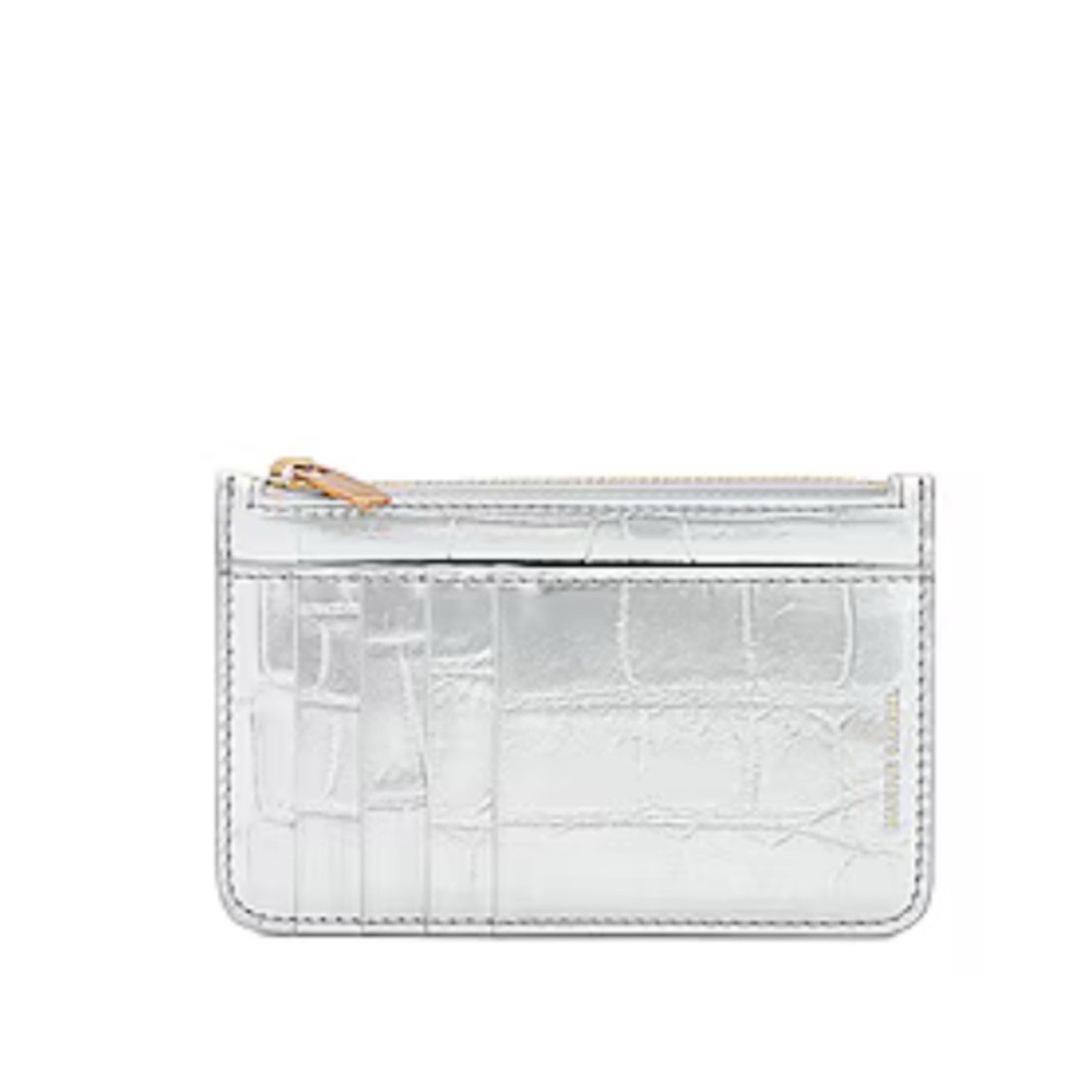 Mansur Gavriel Silver Metallic Zip Card Case Wallet Croc Embossed!
